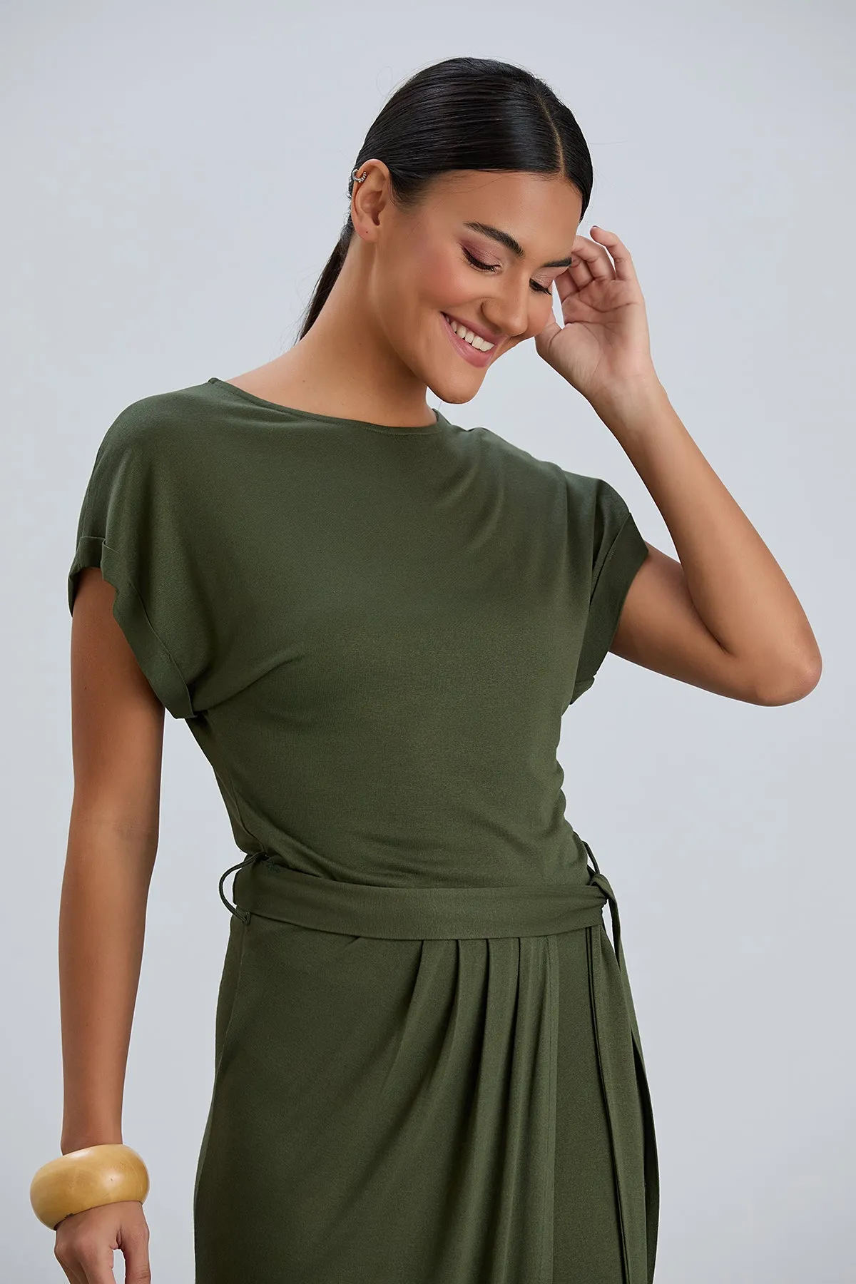 Khaki Short Sleeve Midi Wrap Dress