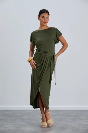 Khaki Short Sleeve Midi Wrap Dress