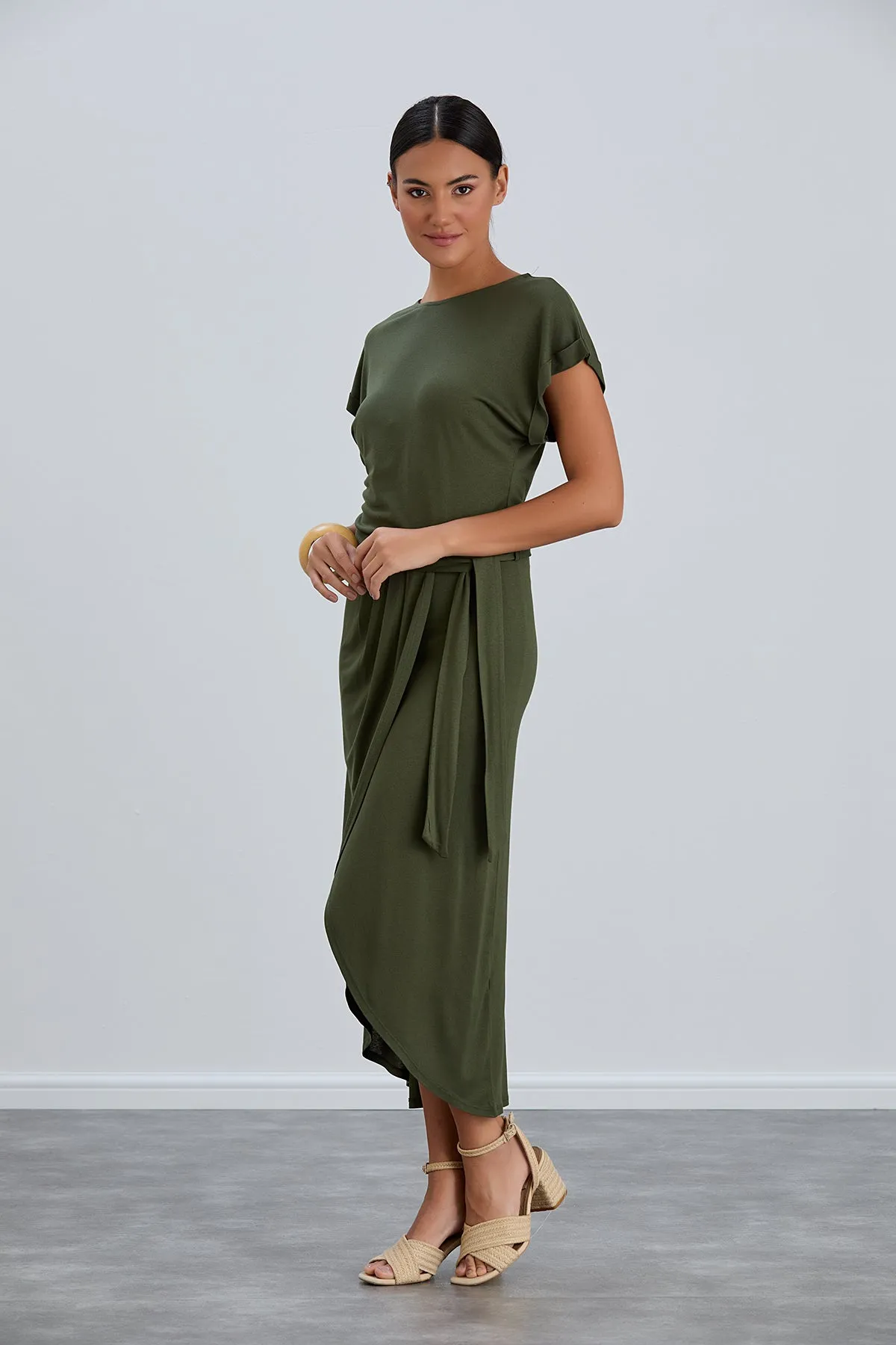 Khaki Short Sleeve Midi Wrap Dress
