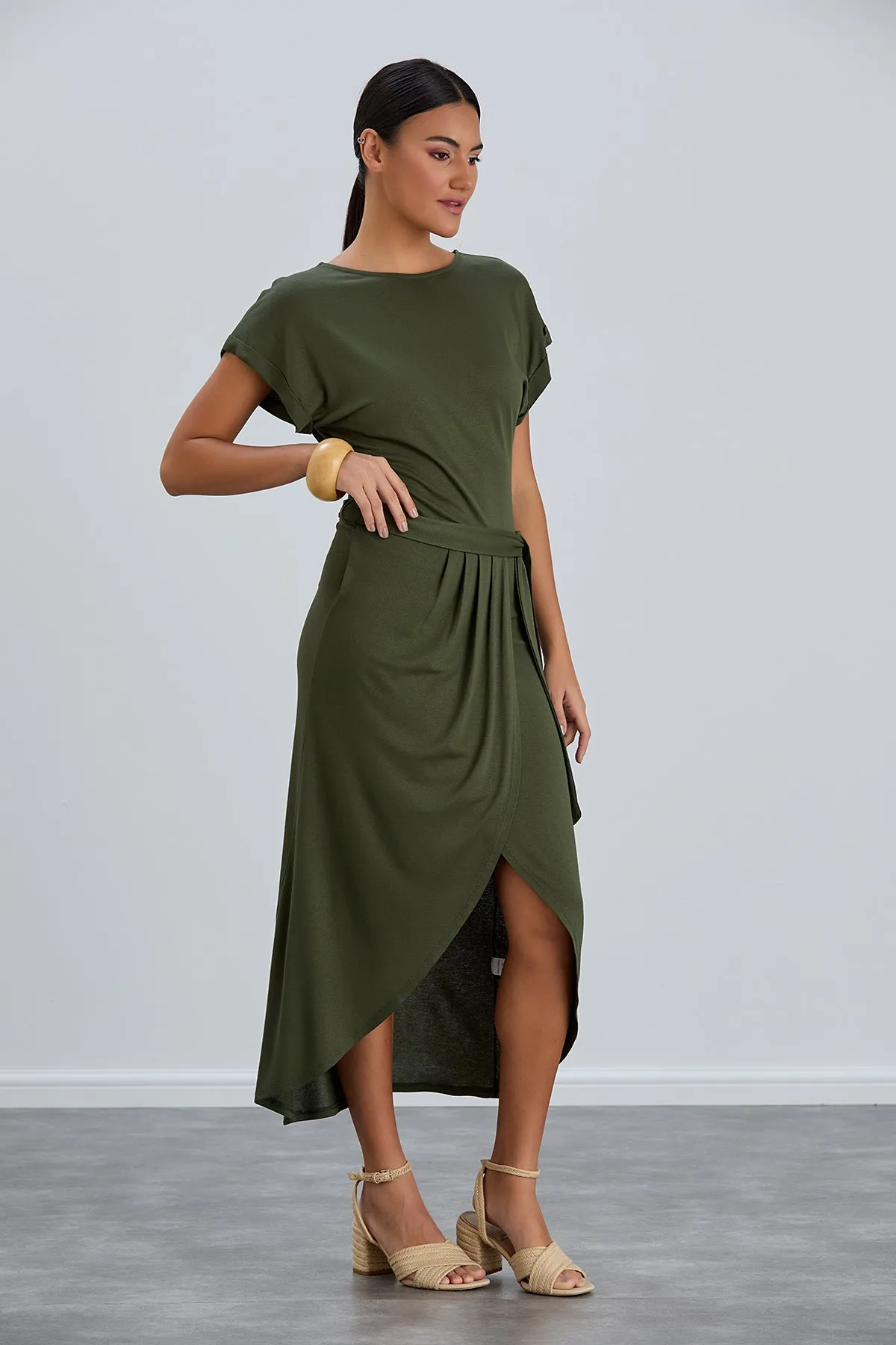 Khaki Short Sleeve Midi Wrap Dress