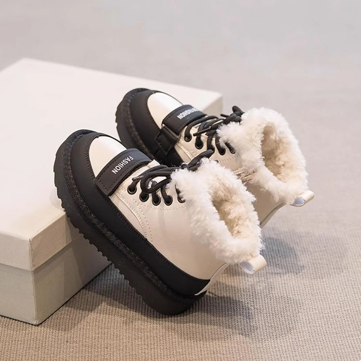 Kids Girls Fleece Winter Boots Lace-up Soft Rubber Bottom Vintage Plush Warm Comfortable Snow Cute Girl Winter Boots
