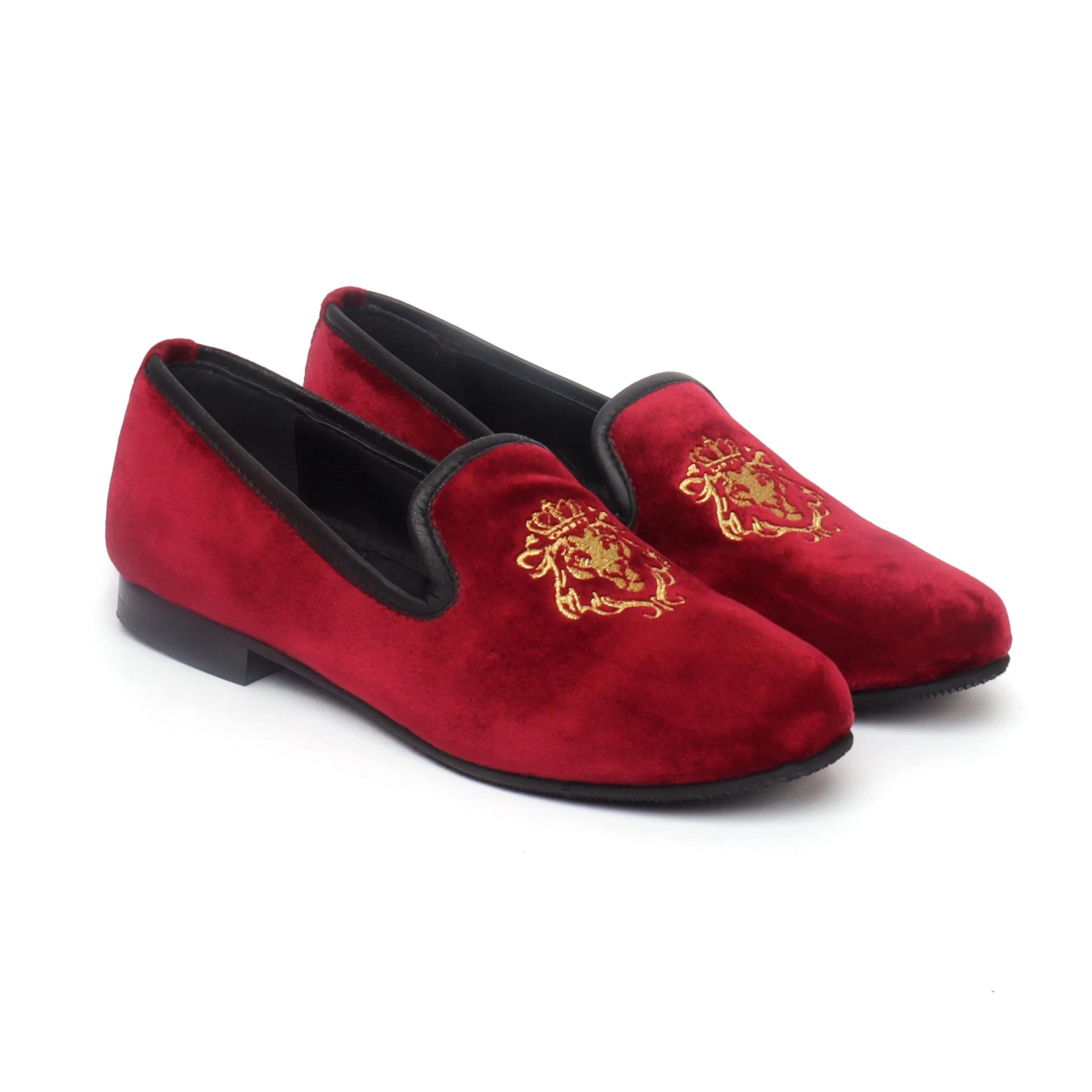 Maroon Velvet Slip-Ons With Golden Embroidery For Women