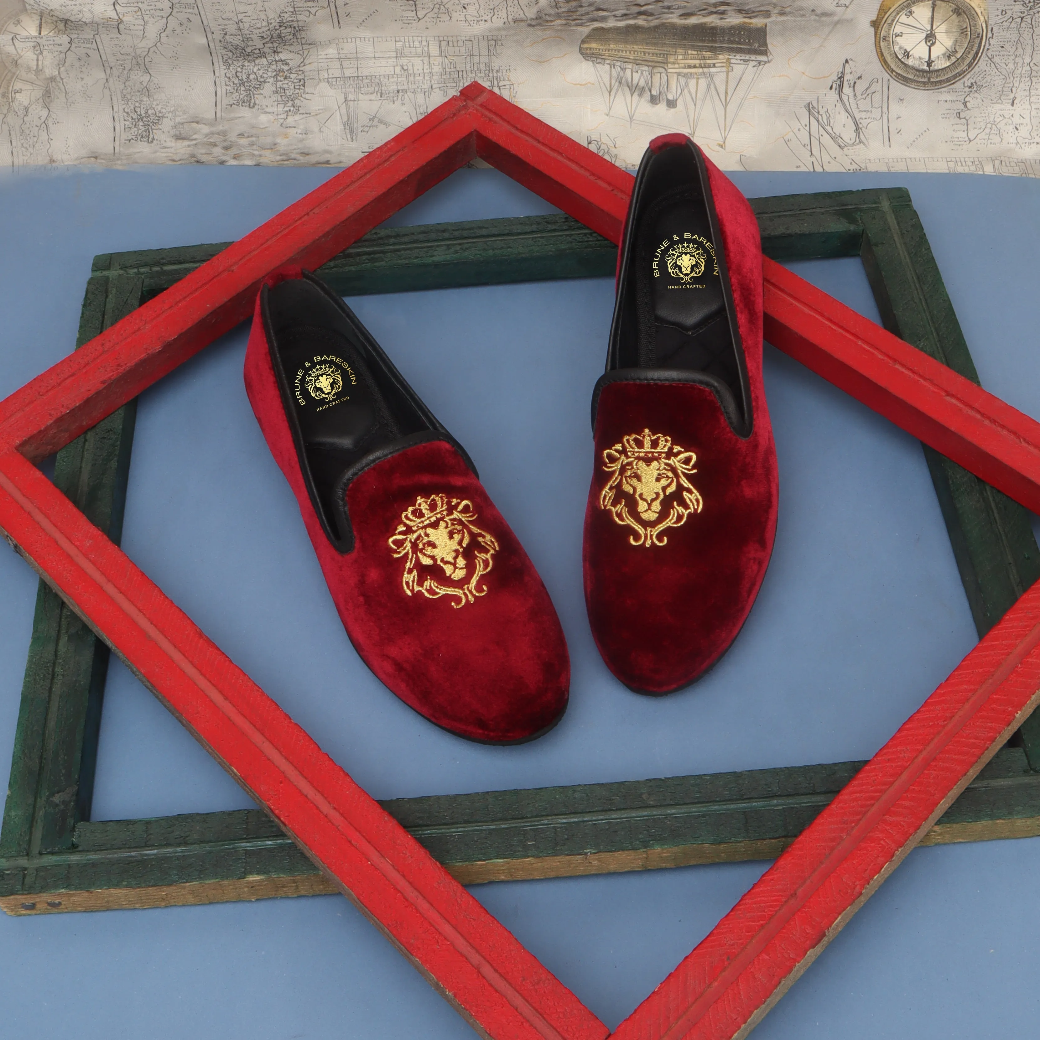 Maroon Velvet Slip-Ons With Golden Embroidery For Women