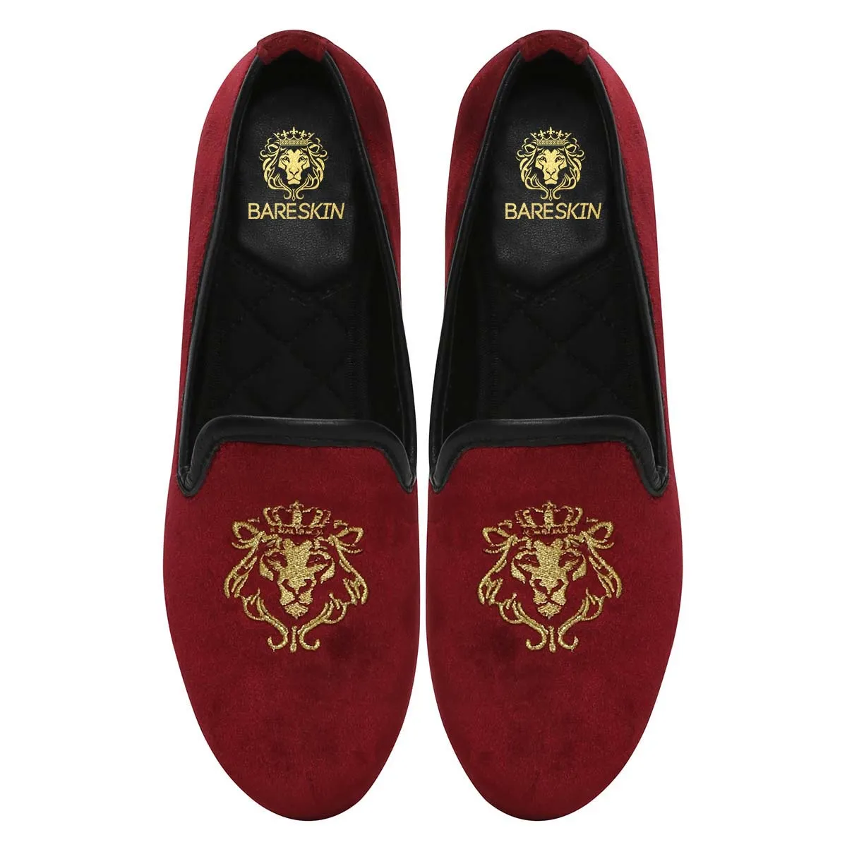Maroon Velvet Slip-Ons With Golden Embroidery For Women