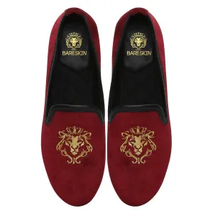 Maroon Velvet Slip-Ons With Golden Embroidery For Women