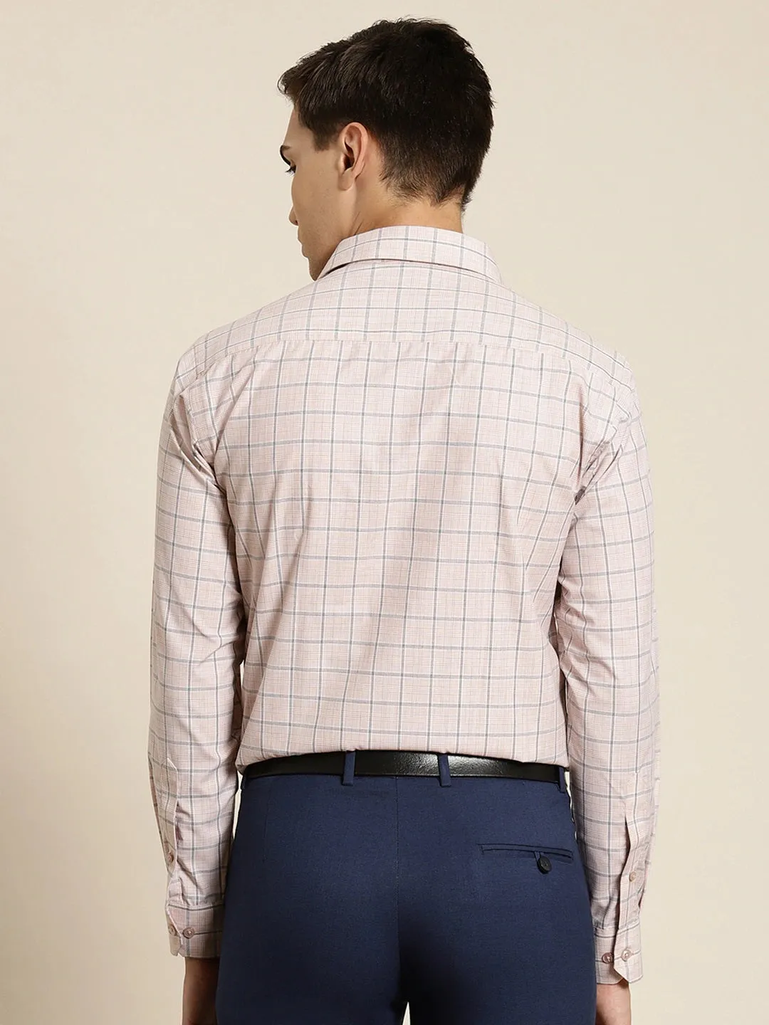 Men Beige Checks Cotton Rich Slim Fit Formal Shirt