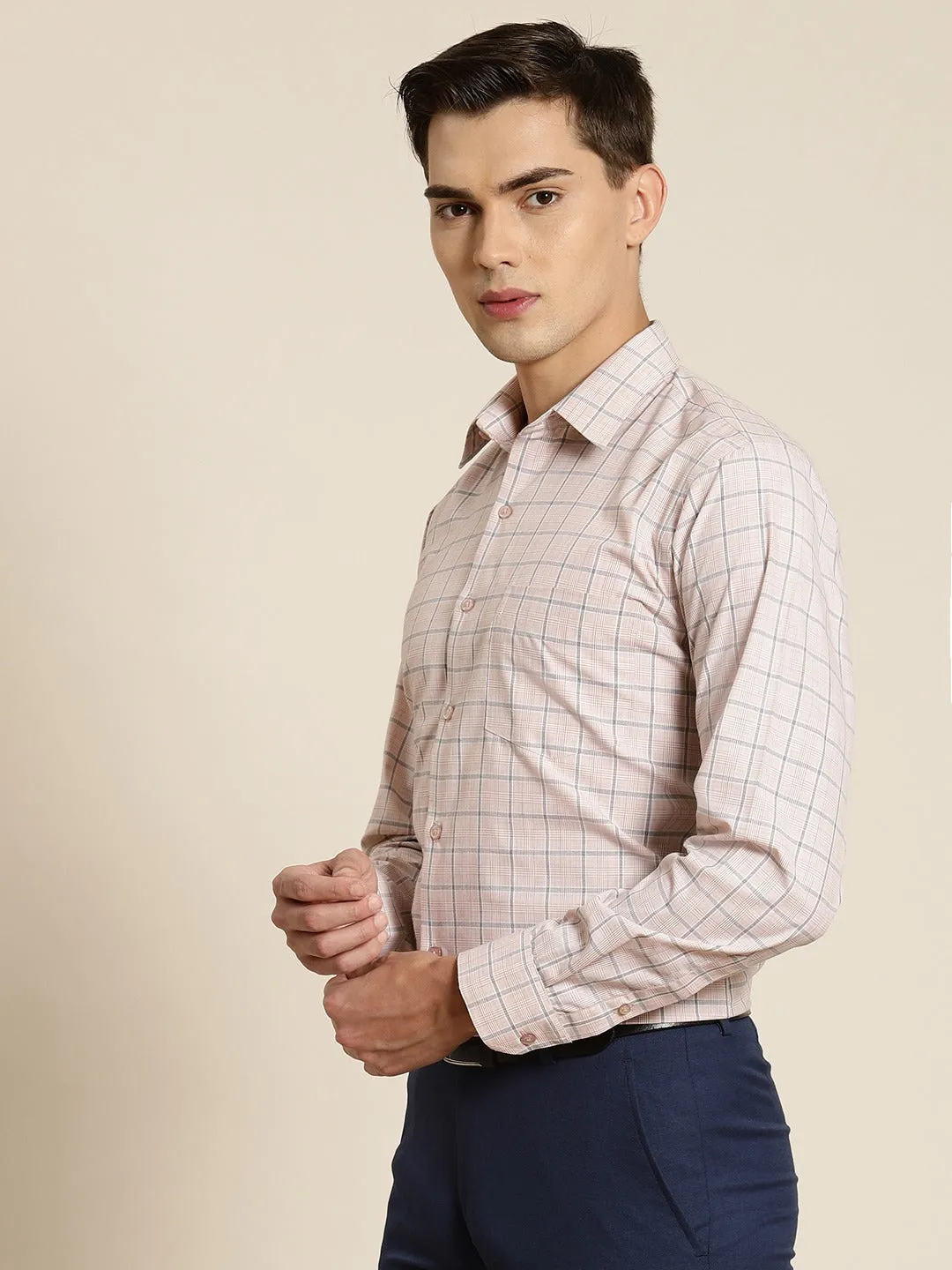 Men Beige Checks Cotton Rich Slim Fit Formal Shirt