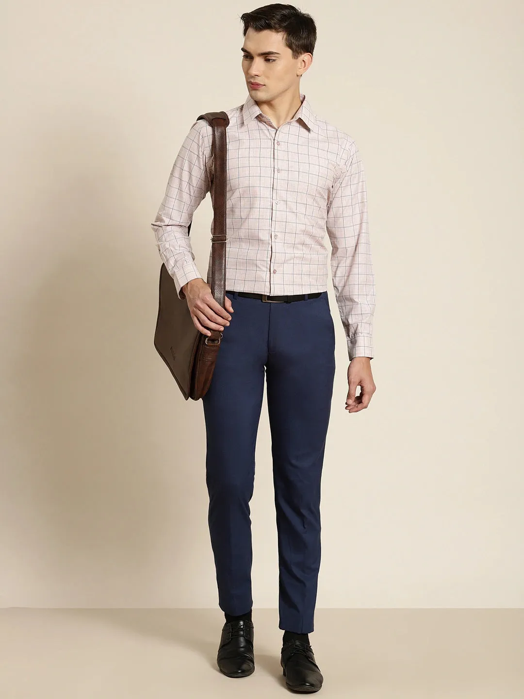 Men Beige Checks Cotton Rich Slim Fit Formal Shirt