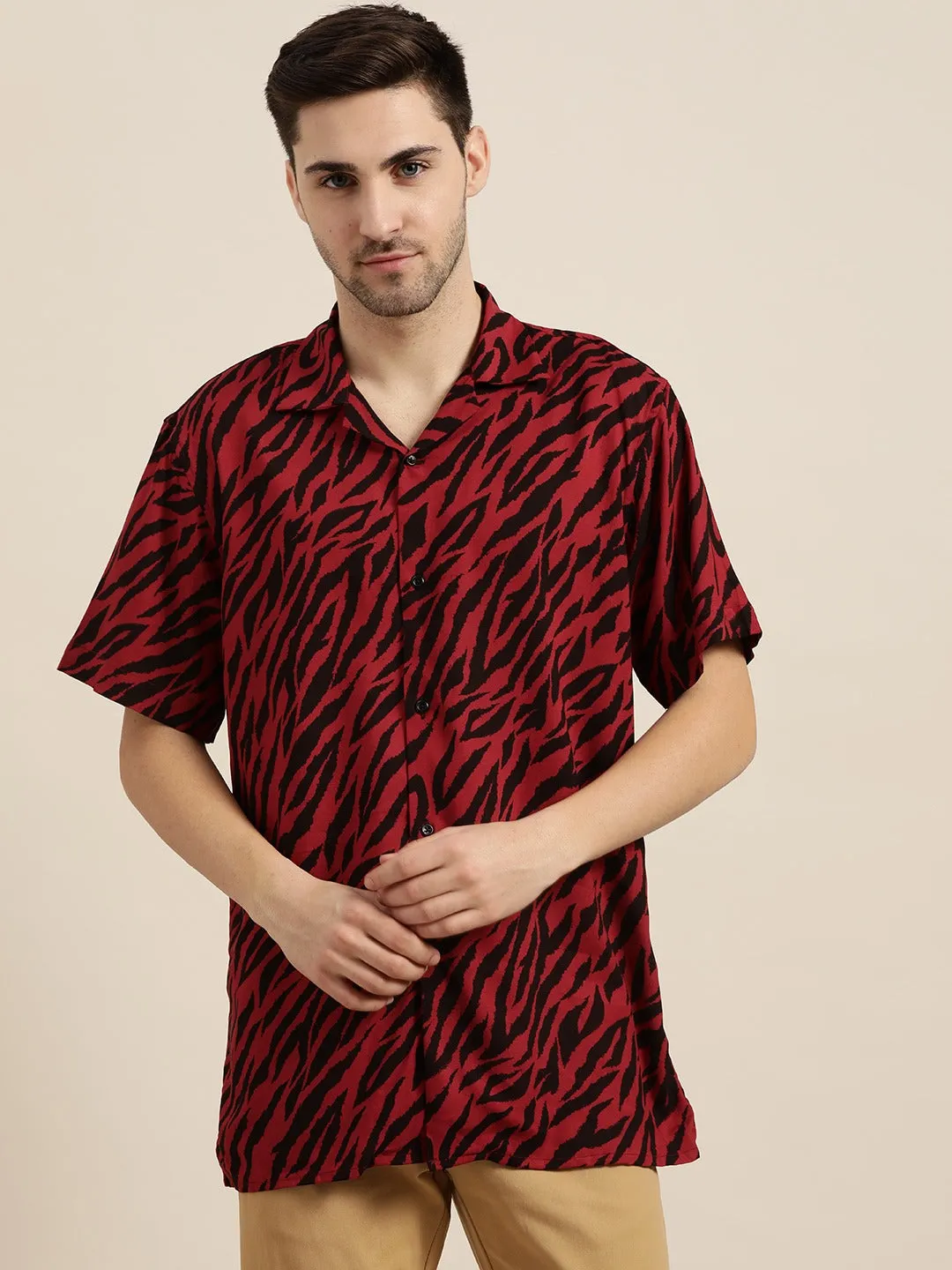 Men Black & Red Printed Viscose Rayon Relaxed Fit Casual Resort Shirt