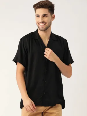 Men Black Solid Viscose Rayon Relaxed Fit Casual Resort Shirt