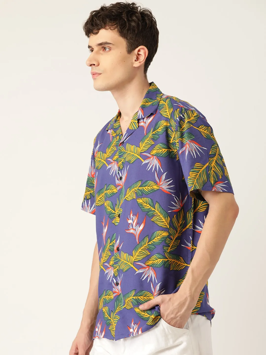 Men Blue & Yellow Printed Pure Cotton Relaxed Fit Casual Resort Shirt
