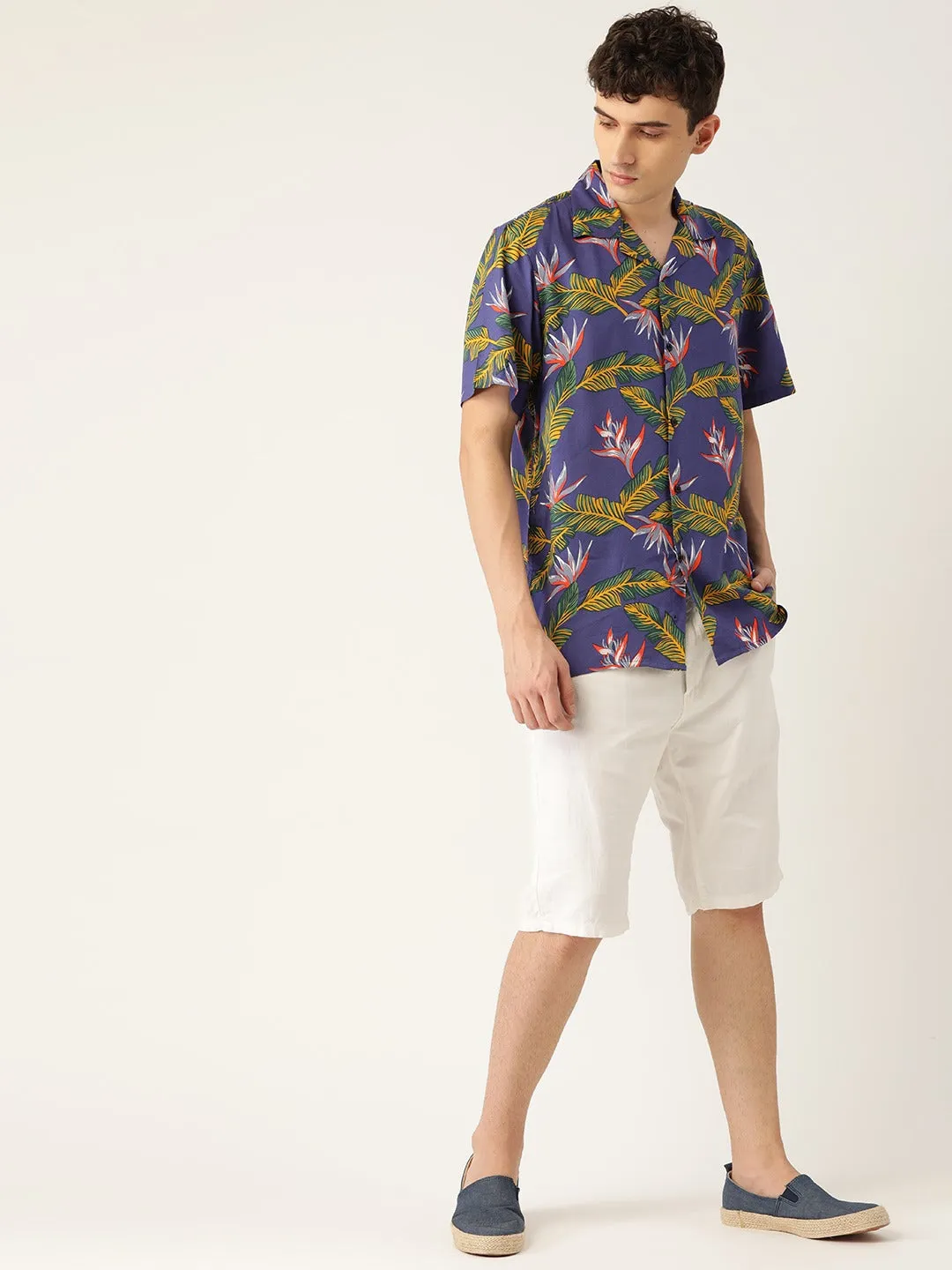 Men Blue & Yellow Printed Pure Cotton Relaxed Fit Casual Resort Shirt