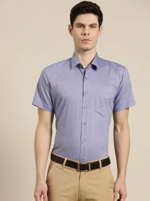 Men Blue Solid Chambray Short Sleeve Cotton Rich Slim Fit Formal Shirt