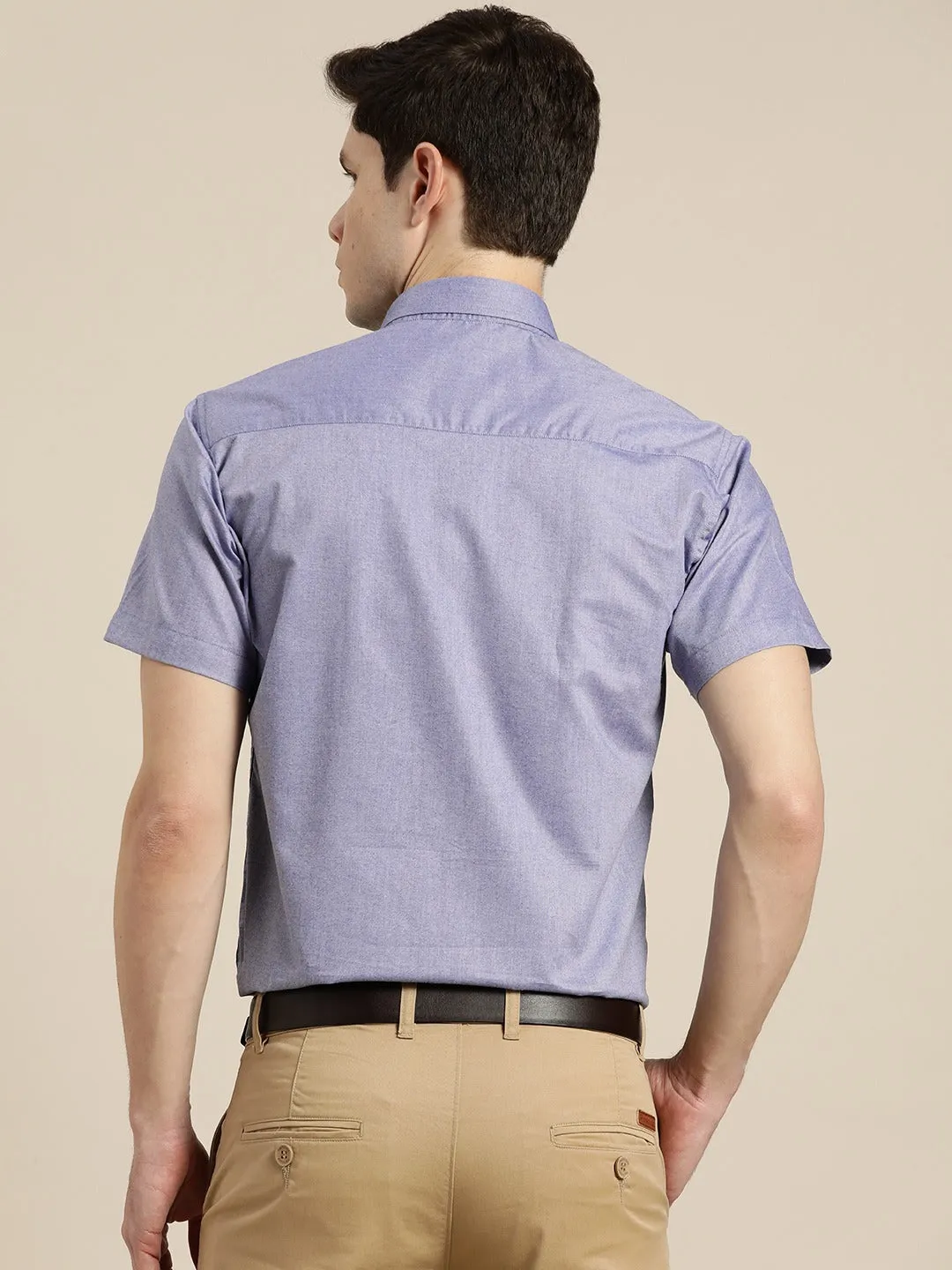 Men Blue Solid Chambray Short Sleeve Cotton Rich Slim Fit Formal Shirt