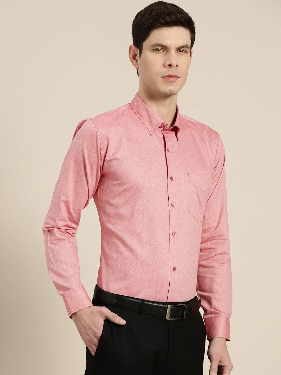 Men Coral Solid Chambray Button Down Collar Slim Fit Formal Shirt