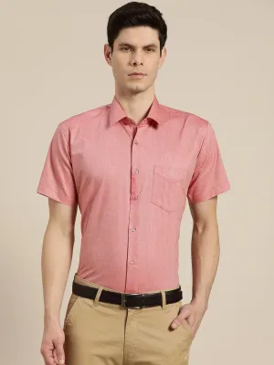 Men Coral Solid Chambray Short Sleeve Cotton Rich Slim Fit Formal Shirt