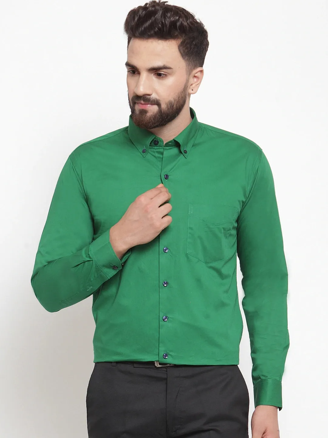 Men Forest Green Solids Pure Cotton Slim Fit Formal Shirt