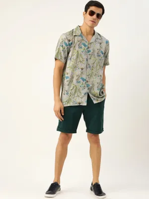 Men Grey Printed Viscose Rayon Relaxed Fit Casual Resort Shirt
