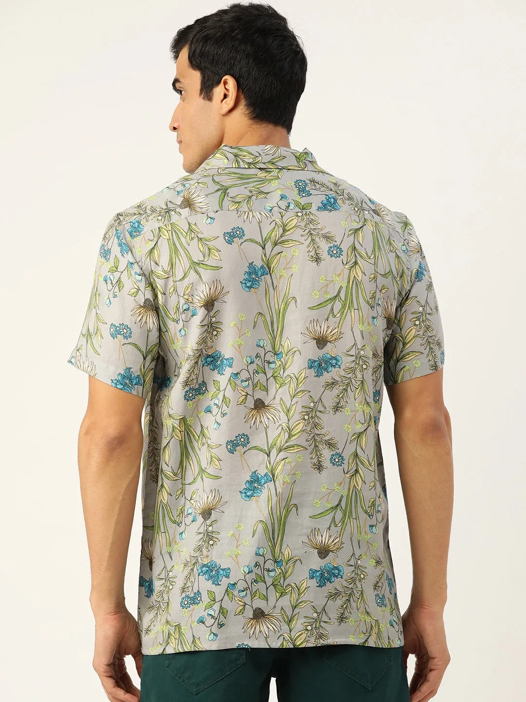 Men Grey Printed Viscose Rayon Relaxed Fit Casual Resort Shirt
