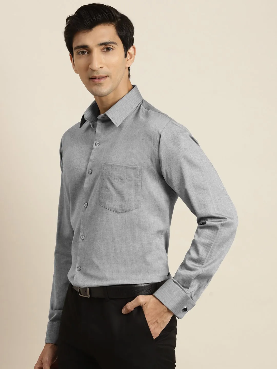 Men Grey Self Design Premium Pure Cotton French Cuff Slim Fit Formal Shirt