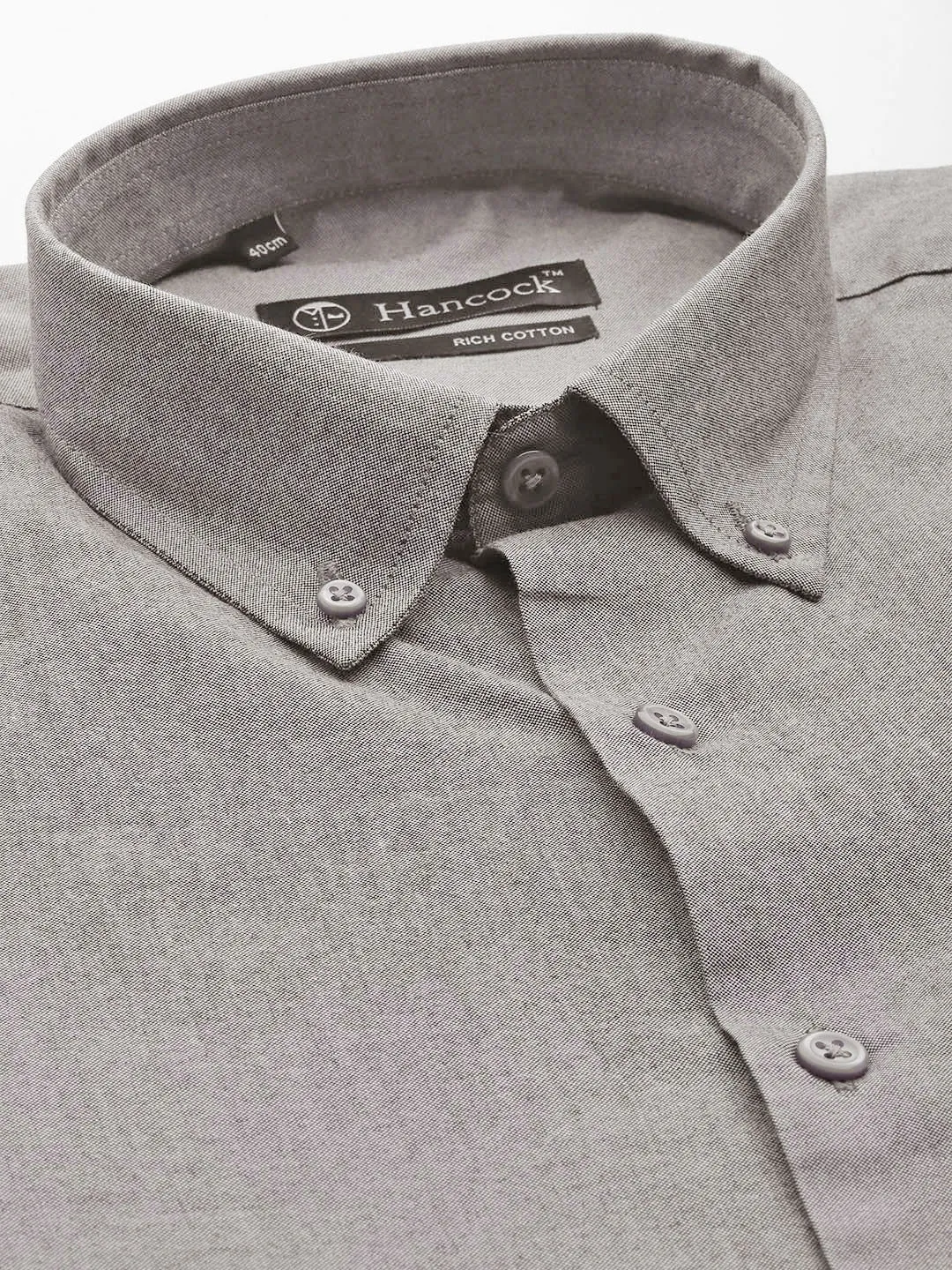 Men Grey Solid Chambray Button Down Collar Slim Fit Formal Shirt