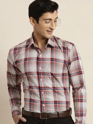 Men Maroon & Cream Checked Pure Cotton Slim Fit Formal Shirt