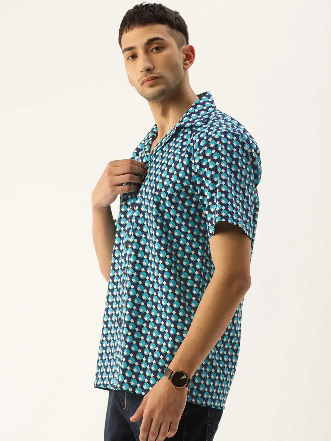 Men Navy & Blue Printed Pure Cotton Relaxed Fit Casual Resort Shirt