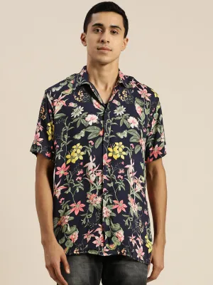 Men Navy & Green Prints Viscose Rayon Relaxed Fit Casual Resort Shirt