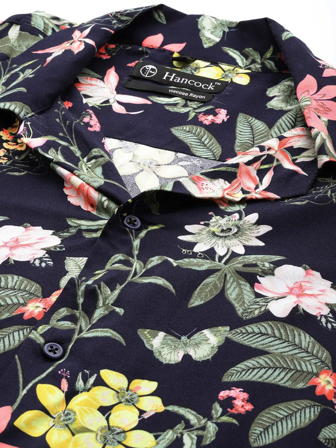 Men Navy & Green Prints Viscose Rayon Relaxed Fit Casual Resort Shirt