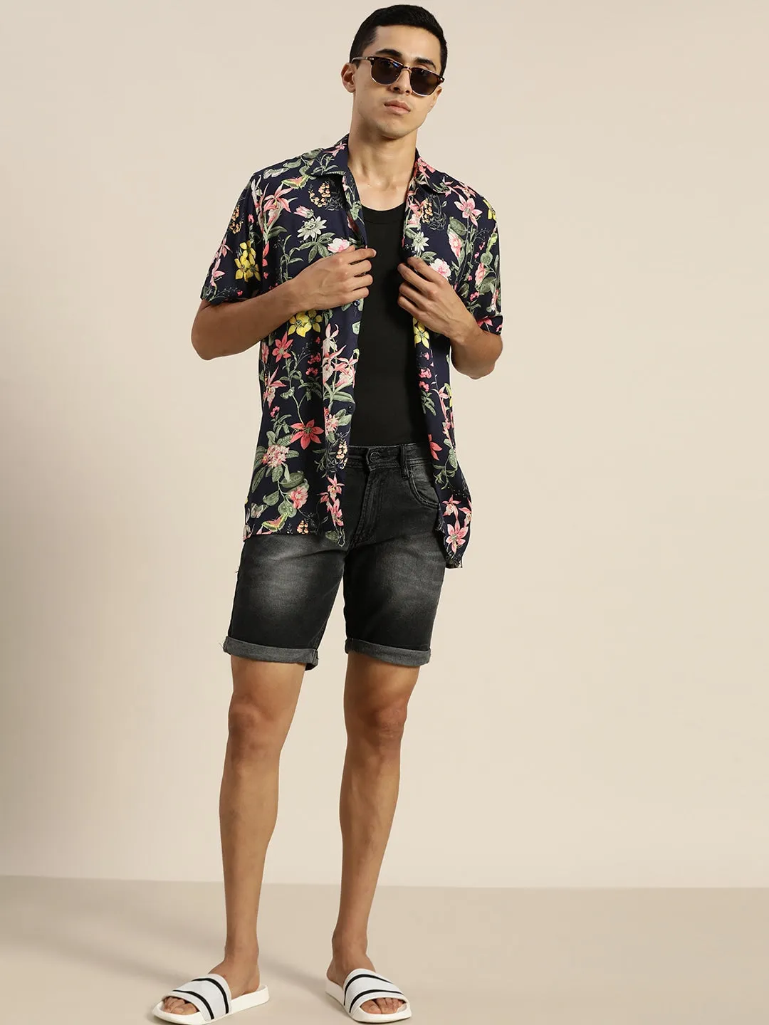 Men Navy & Green Prints Viscose Rayon Relaxed Fit Casual Resort Shirt