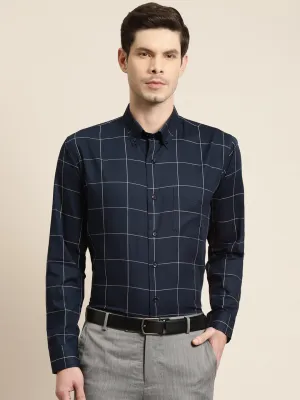 Men Navy Blue Checks Pure Cotton Slim Fit Formal Shirt