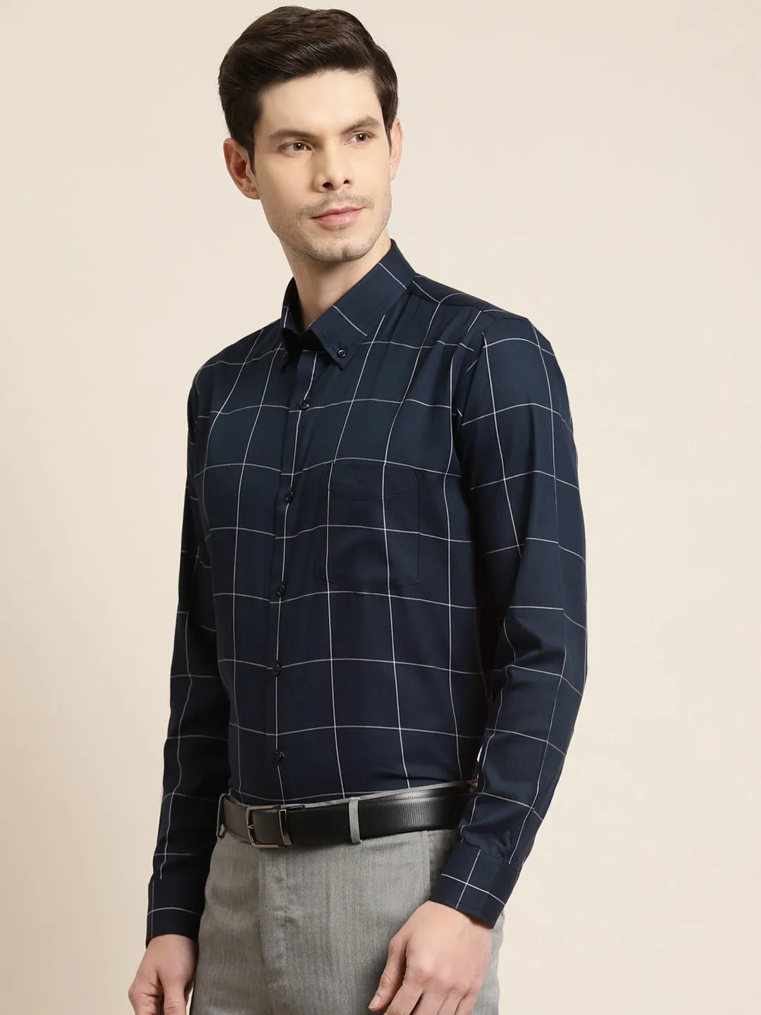 Men Navy Blue Checks Pure Cotton Slim Fit Formal Shirt