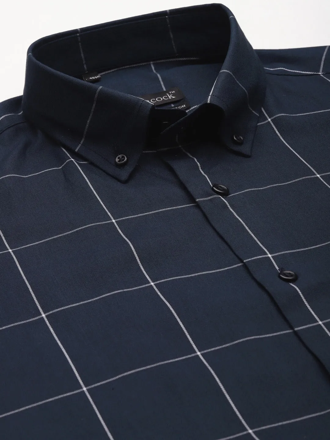 Men Navy Blue Checks Pure Cotton Slim Fit Formal Shirt