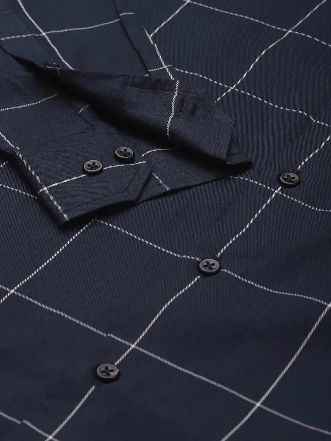 Men Navy Blue Checks Pure Cotton Slim Fit Formal Shirt
