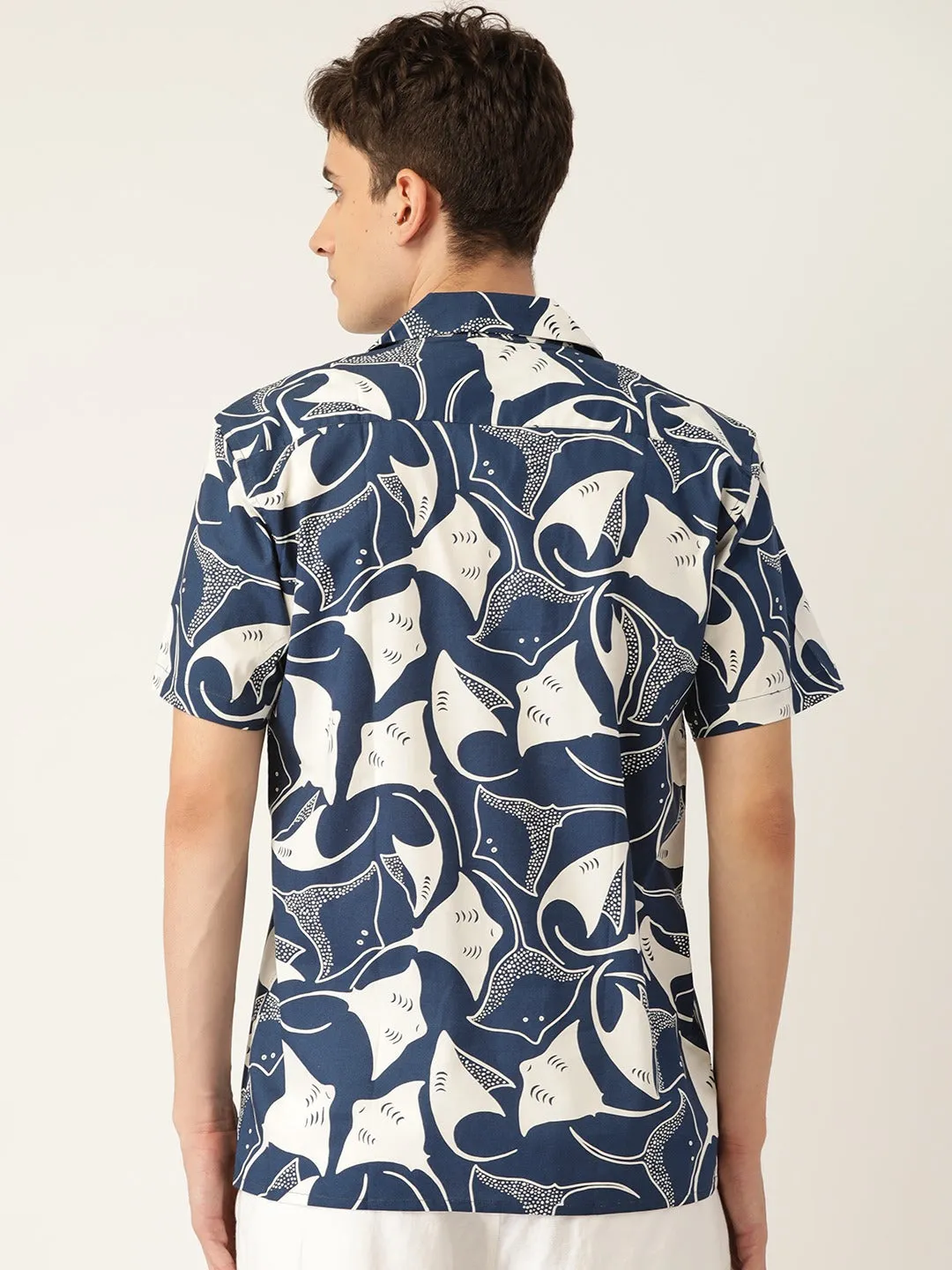 Men White & Navy Printed Pure Cotton Relaxed Fit Casual Resort Shirt