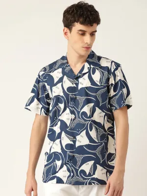 Men White & Navy Printed Pure Cotton Relaxed Fit Casual Resort Shirt
