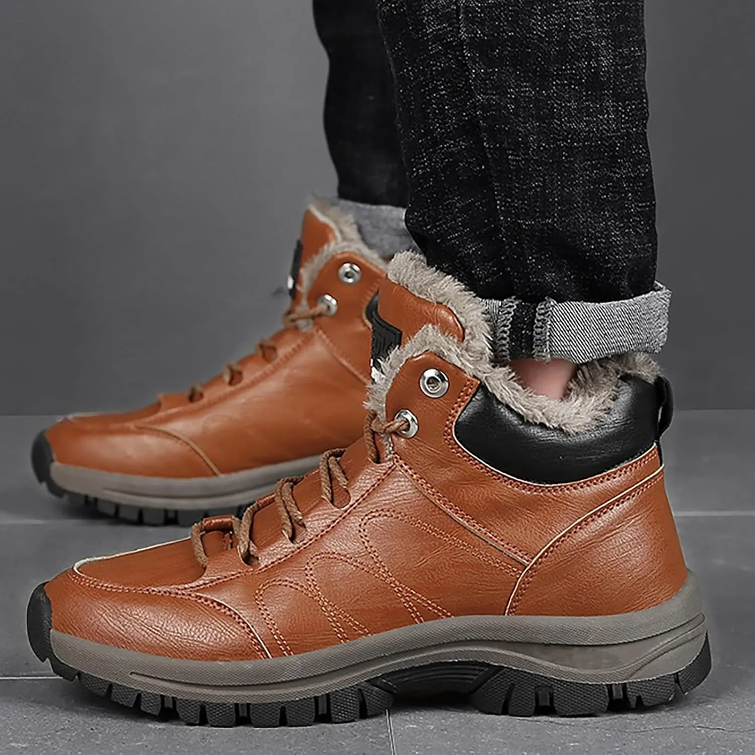 Men Work Boots Slip On Hiking Sneakers Warm Fur Lined Womens Safety Shoes Non Steel Toe Waterproof Outdoor Shoes Lightweight Hike Grounded Footwear