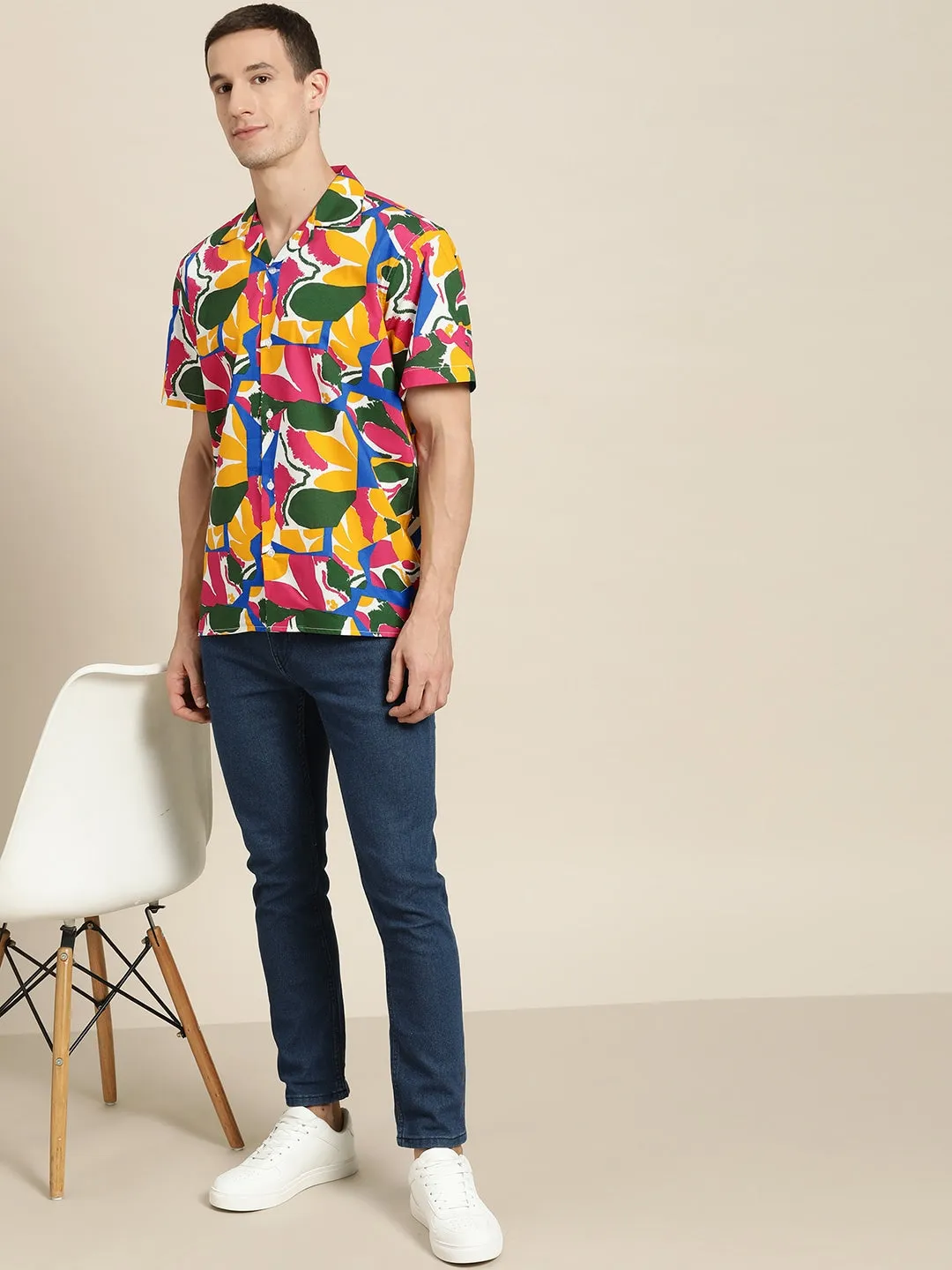 Men Yellow & Blue Prints Pure Cotton Relaxed Fit Formal Resort shirt