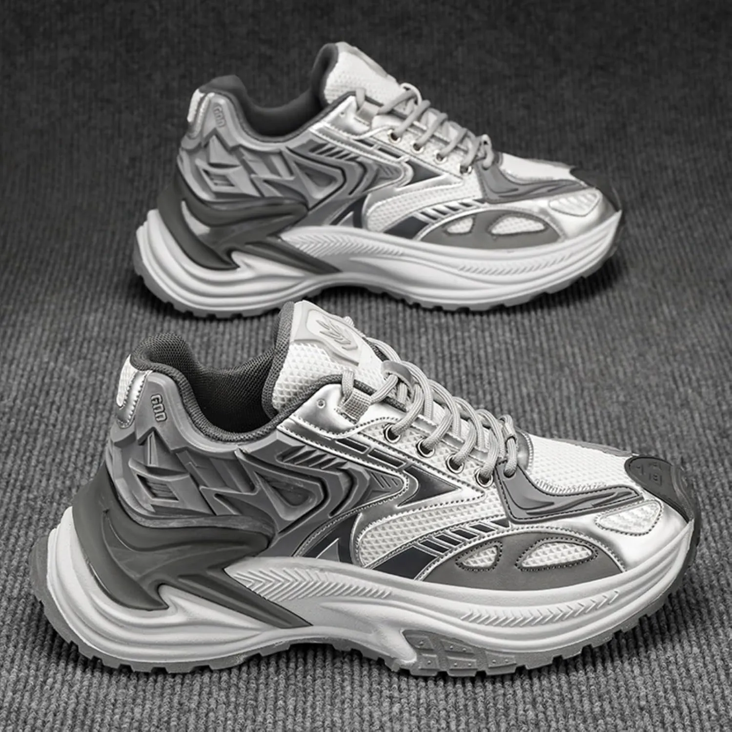 Men's Fashion Breathable Mesh Leather Lace Up Chunky Platform Sneakers Casual Non Slip Round Toe Driving Walking Tennis Running Dad Sneakers