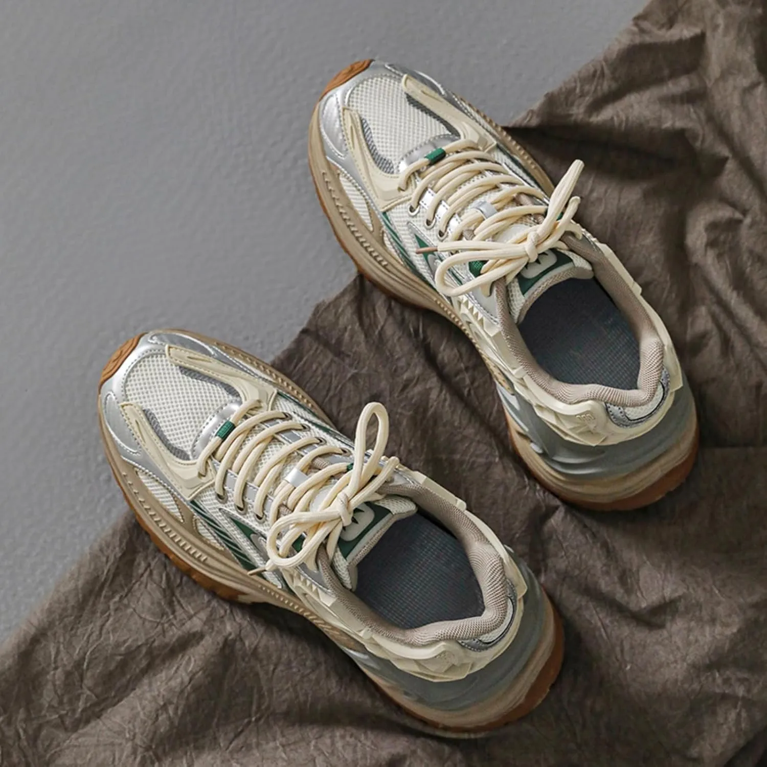Men's Fashion Breathable Mesh Leather Lace Up Chunky Platform Sneakers Casual Non Slip Round Toe Driving Walking Tennis Running Dad Sneakers