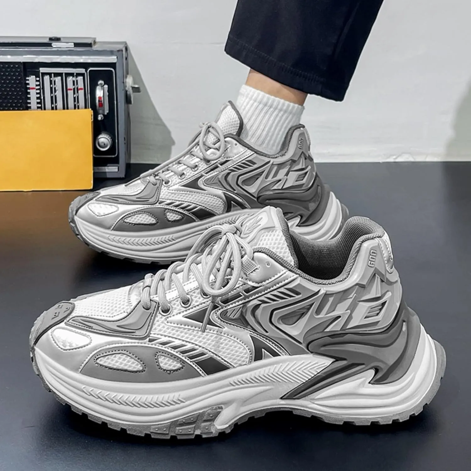 Men's Fashion Breathable Mesh Leather Lace Up Chunky Platform Sneakers Casual Non Slip Round Toe Driving Walking Tennis Running Dad Sneakers