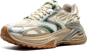 Men's Fashion Breathable Mesh Leather Lace Up Chunky Platform Sneakers Casual Non Slip Round Toe Driving Walking Tennis Running Dad Sneakers