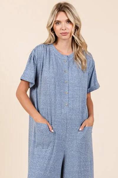 Mittoshop Button Detail Wide Leg Jumpsuit In Dusty Blue