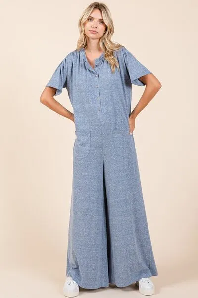 Mittoshop Button Detail Wide Leg Jumpsuit In Dusty Blue