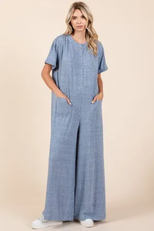 Mittoshop Button Detail Wide Leg Jumpsuit In Dusty Blue