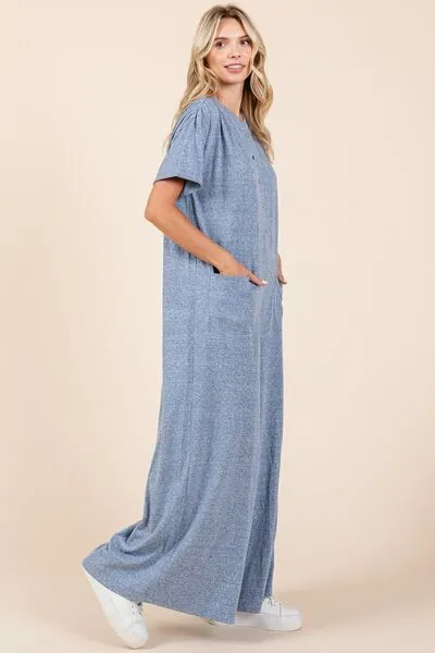 Mittoshop Button Detail Wide Leg Jumpsuit In Dusty Blue