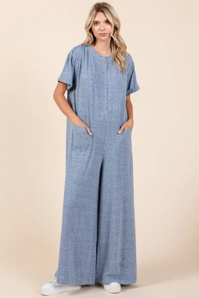 Mittoshop Button Detail Wide Leg Jumpsuit In Dusty Blue
