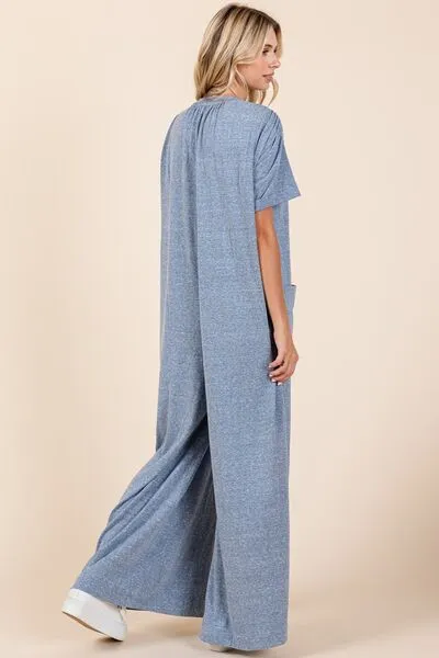 Mittoshop Button Detail Wide Leg Jumpsuit In Dusty Blue
