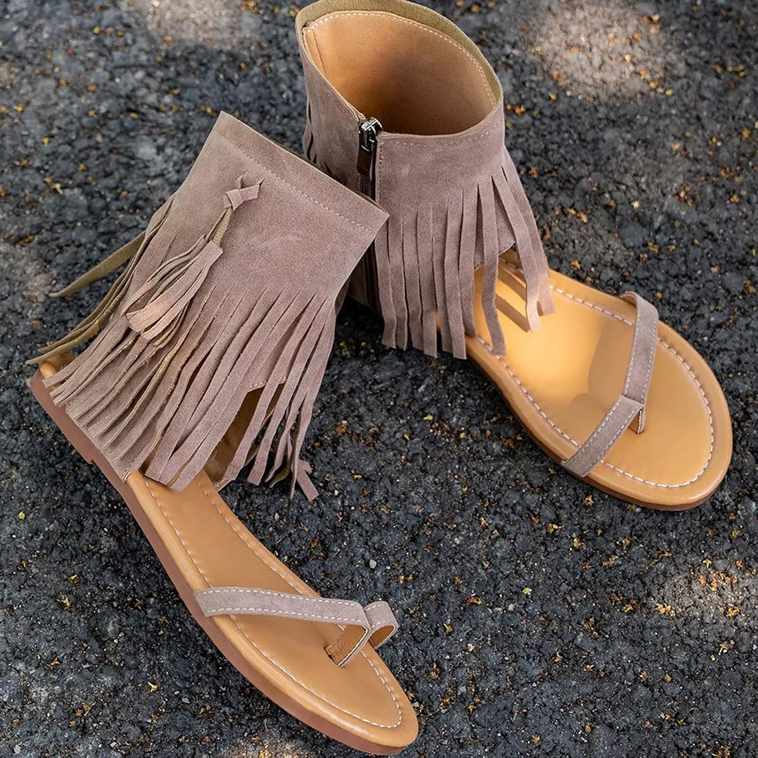 Nyybw Sandals for Women Casual, Gladiator Fringe Thong Flat Sandals Retro Bohemian Sexy Beach Boots Tassel Hollow Out Shoes