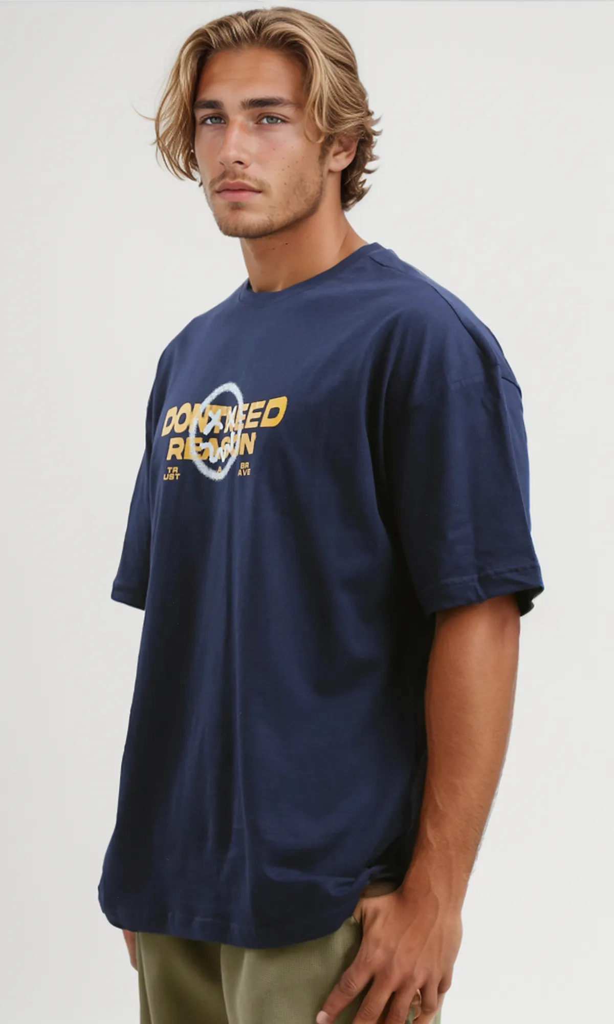 O179038 Dark Navy Blue Round Neck Tee With Front Print